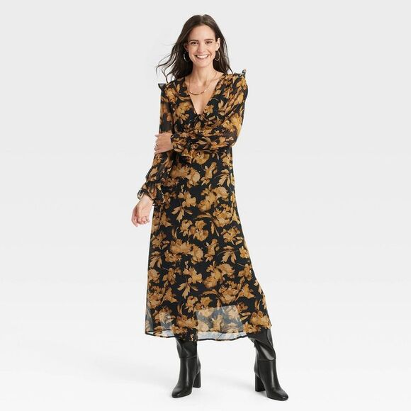 A New Day Dresses & Skirts - A New Day - Women's Long Sleeve Sheer Maxi Dress - A New Day Black/Brown